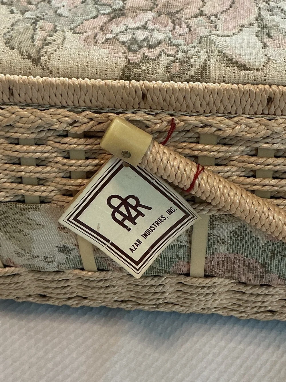 Woven Floral Needlepoint Sewing Basket in Cream and Pink